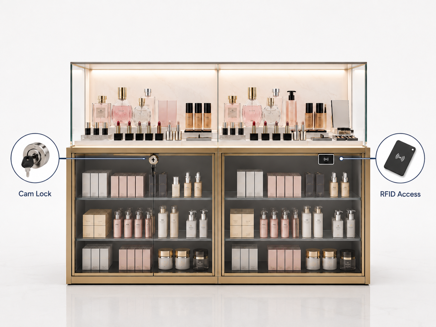 Cam lock and RFID access options for a retail cosmetic display case